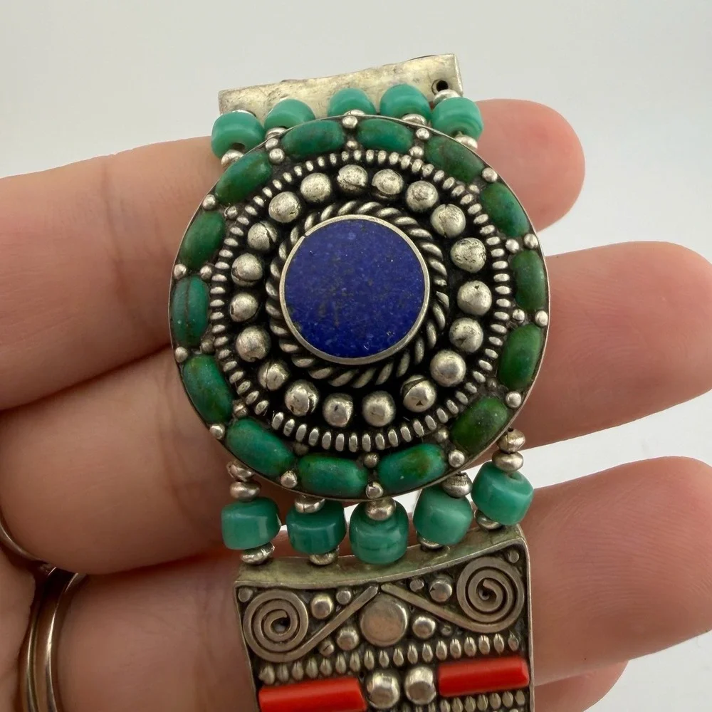Tibetan Lapis Southwestern Boho Turquoise Coral Inlay Cuff Bracelet